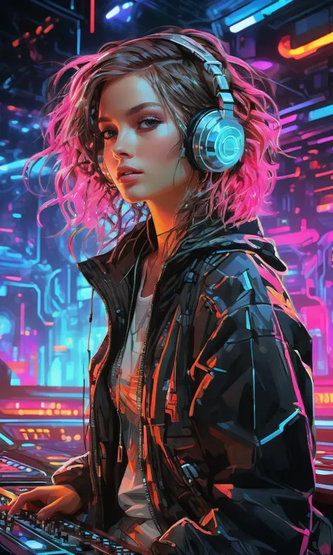 xsgb,<lora:xsgb:1>,Portrait,1girl,Full-body shot,Dynamic,(Cybernetic DJ),(Mixing music in a futuristic club:1.2),(Glowing neon l...