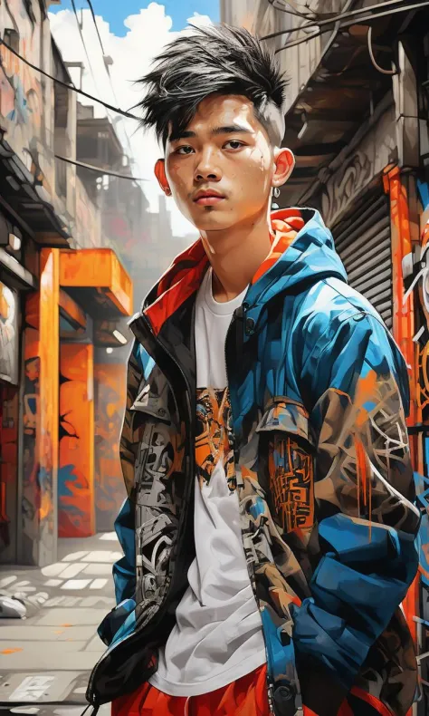 xsgb,((masterpiece)),((best quality)),8k,high detailed,ultra-detailed,intricate detail,Portrait, 1boy, (Urban exploration:1.2), (Graffiti backdrop:1.1), a striking portrait of a Chinese youth in full body, set against an urban backdrop with vibrant graffiti, (Confident stance:1.3), (Modern street fashion), (Dynamic composition), capturing the confidence and energy of the youth in an urban setting