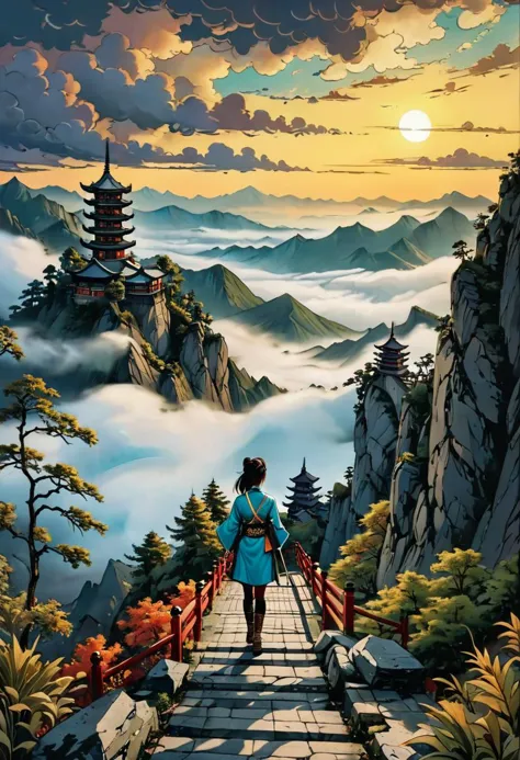 a woman walking down a path with a sky background