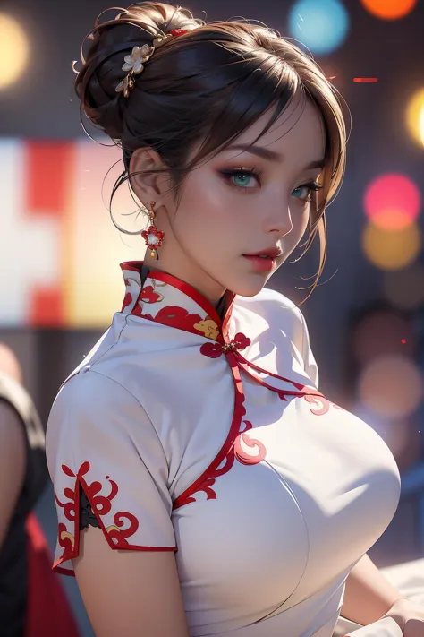 a  Chinese woman wearing a cheongsam,
, background blur, focus, professional photography, dynamic angle shot, film grain, bokeh,...