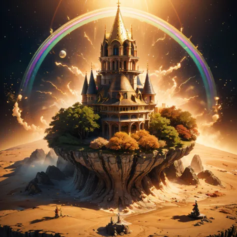 (((award winning photo of A gold goblin who walks over a rainbow in a fairy magical world surrounded by fairies and mythical creatures with a bulging pot of gold and loses gold coins on his way that fall down from the rainbow))). ã» 2 f2 from above the scene is about to start moving toward the light of his house, which is also a fairy world full of fairy creatures, stunning 3d rendered graphics, 8k resolution, artstation winner , artstation, greece, art, art nouveau, beautiful details of castle on the below, 4D Fantasy DMT Fantasy, highly saturated colors and soft natural colors, octane render with natural lighting and micro details by Asher Baderbahnweim and H.R. Giger, intricate details, high res resolution rendered with Arnold render and Unreal Engine and Beeple and H.r. r. giger and Giger. 3d octane render and Unreal 8k, Liquify,  