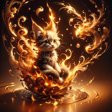 a cat sitting on a fire ball with swirls and bubbles