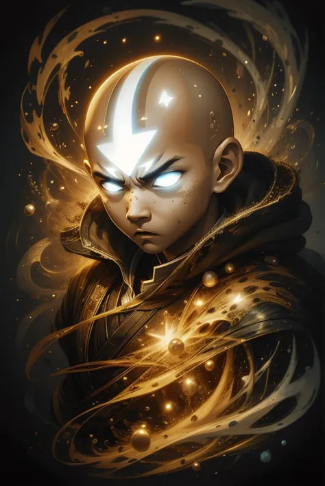 Aang, estado avatar, enojado, mad, carcajadas, partículas mágicas, magia elemental, calvo, 1 chico,  solo, Licuar, brillante, alto detallado, alta calidad, obra maestra, perfecto, detalles intrincados, Estético, cuadro, detalles intrincados, ilustración en color de estilo moderno, Configuración detallada, pecas, marco de reacción, erotic Estéticos,