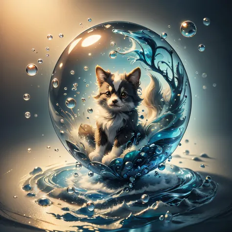 (((award winning photo))) Real:2.0, Fujifilm XT, Photorealistic, (full body:1.2),an absurdly cute little creature sitting in a waterbubble ,Liquify,  ElementWater