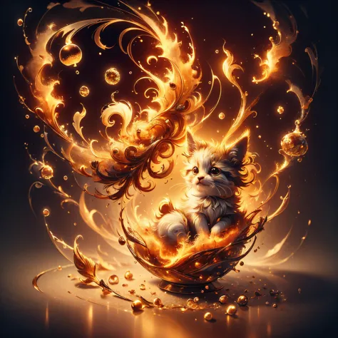 a close up of a cat in a basket with fire