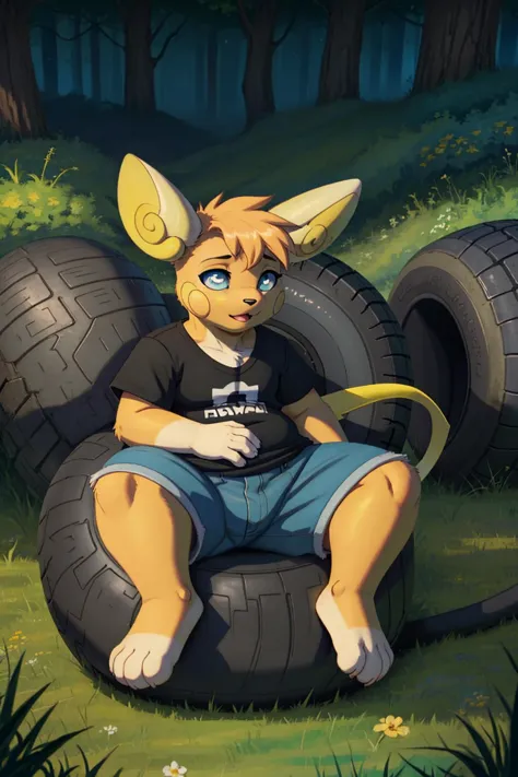 a close up of a person sitting on a tire in a field