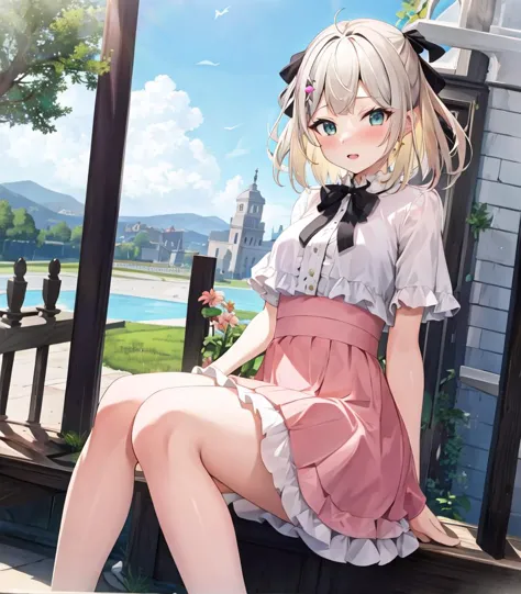 anime girl sitting on a bench with a flower in her hand