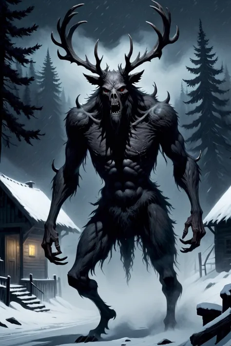 a large horned creature standing in the snow near a cabin