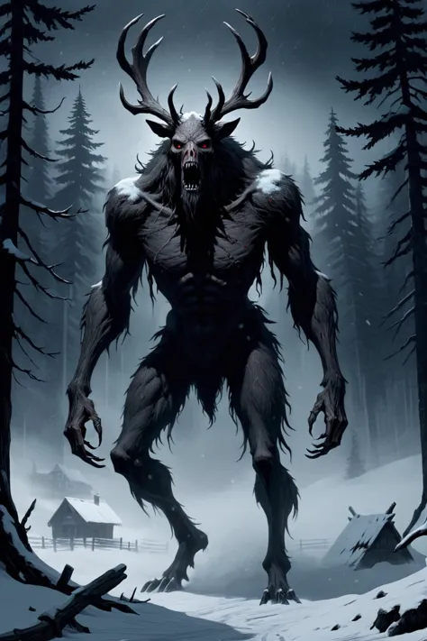 (giant wendigo, taller than trees:1.3), strolling through village, (dark night:1.4), (snow blizzard:1.25), fog, <lora:DD-vntg-artstyle-v1:0.4> vntg artstyle