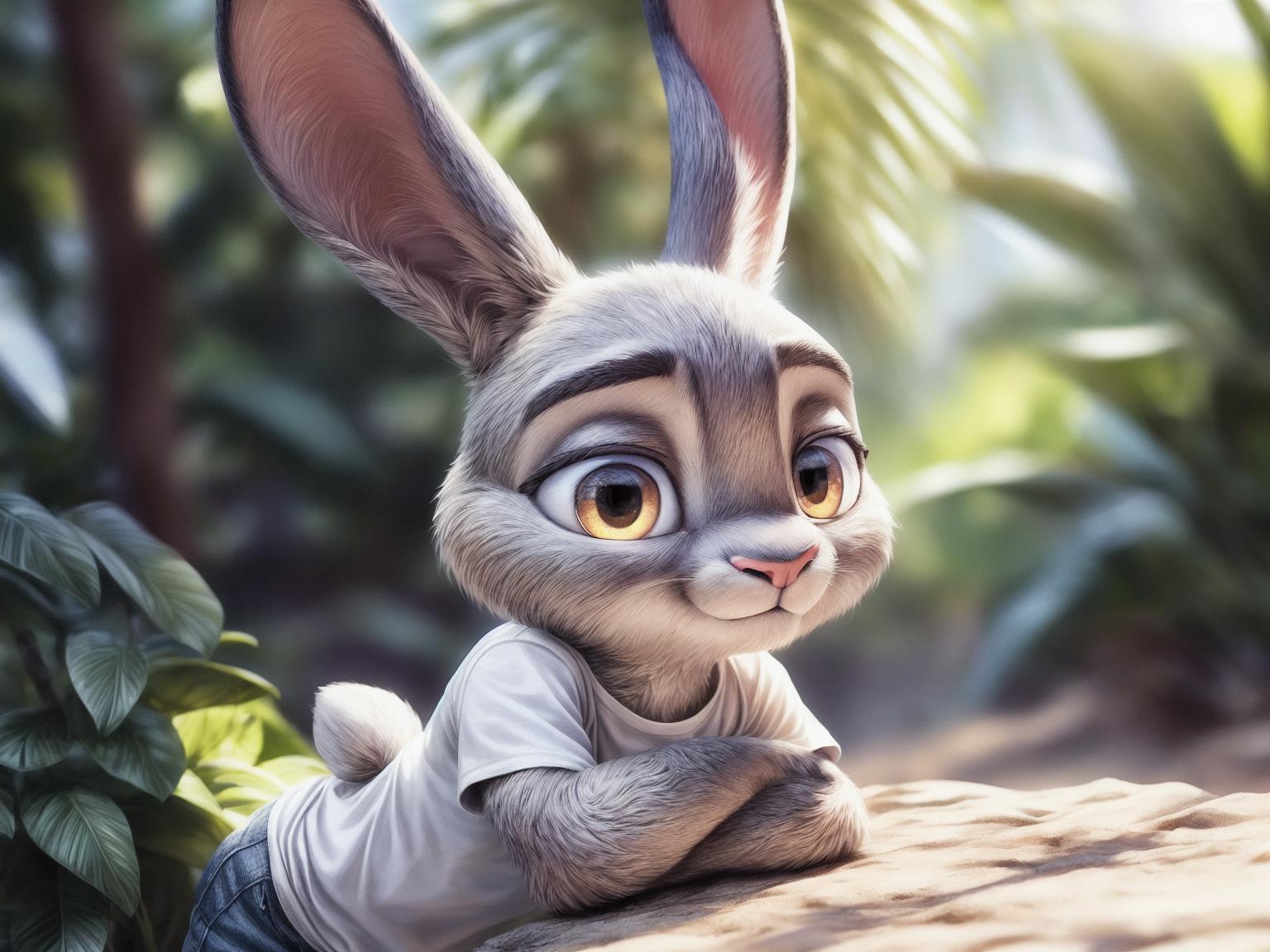 A close up of a cartoon rabbit sitting on a rock - SeaArt AI