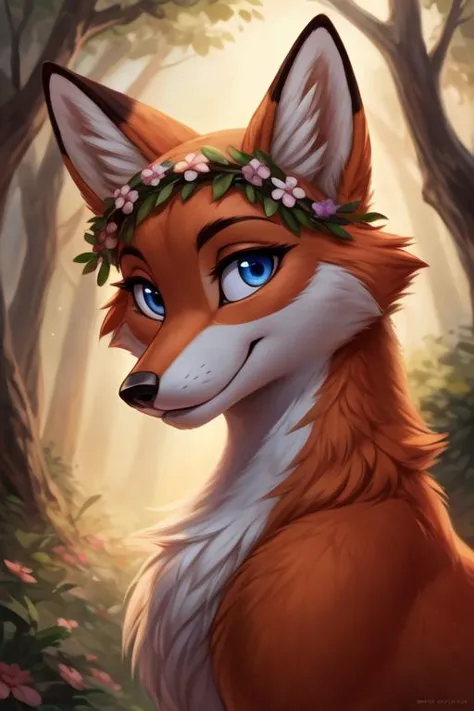 a fox with a flower crown on its head in the woods