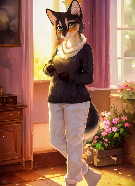 anthro,  female cute, ((explict)), detailed fluffy fur, (by  ruaidri, Michael & Inessa Garmash, Ruan Jia, Pino Daeni), impasto impressionism, feline, (spotted) (black fur), fenny fox, slightly chubby, solo, (slit pupils), feline face,  ((long sandy hair:detailed tan hair:0.7)), sweater, smirk, blush, soft natural light, adorable paws