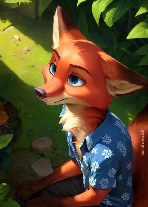 uploaded on e621, by Pixelsketcher, by Bayard Wu, by Thomas Benjamin Kennington , by Einshelm,
solo (((wildlife feral))) (((nick wilde))) with ((neck tuft)) and (fluffy tail) and ((clear navy blue eyes)), (( portrait)), BREAK, 
((wear green and blue hawaii...