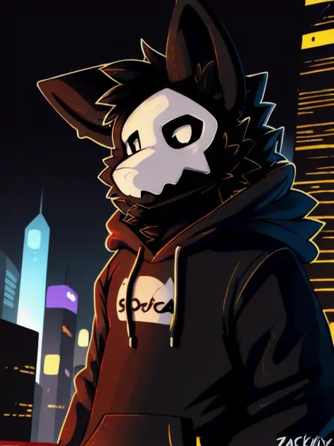 by zackary911, (coffeesoda:1.1), hioshiru, zackary911, puro, anthro, male, solo, clothing, fur, 2022, black clothing, hoodie, black topwear, lidded eyes, black hoodie, cyberpunk city background, <lora:cutie_puro-000020:1>