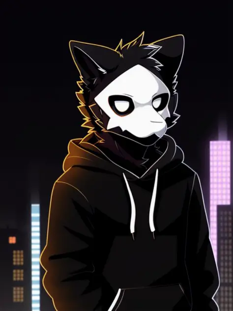 by angiewolf,  hioshiru, puro, anthro, male, solo, clothing, fur, 2022, black clothing, hoodie, black topwear, lidded eyes, black hoodie, cyberpunk city background, <lora:cutie_puro-000020:0.6>