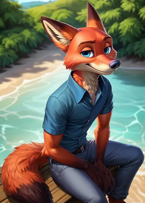 uploaded on e621, ((by Wildering, by Foxovh, by Disney)), Zootopia, solo (((nick wilde))) with ((neck tuft)) and (fluffy tail) and ((clear navy blue eyes)), ((half-length portrait)), ((wear blue hawaii floral shirt with grey pants)), BREAK, (detailed red fox nick wilde), (detailed lighting), ((detailed fluffy fur)), BREAK, ((sitting at island with plant and water on sunny day)), (cinematic lighting), ((detailed background)), ((depth of field)), (half body shadow), (((looking at viewer))), (high-angle view), ((three-quarter view)), [backlighting], [detailed ambient light], [gray natural lighting], [ambient light on the belly], [realistic proportions], [explicit content, adult, nsfw], [sharp focus], (questionable content), (shaded), (hi res), ((masterpiece))