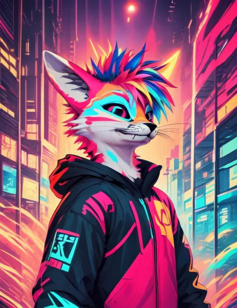 (rexouium:1.2), colorful scene, smiling, cute, dynamic scene, swaggy, drawing, abstract colorful background, close up portrait, spiky hairs, side view, vibrant colors, glowing patterns, large hoodie, cyberpunk city background, round,
<lora:vrcfurry_v3.2:0.75>  <lora:lihui-v31-32-16-1e-4-re4-ep4-768:1>