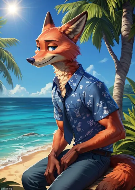 uploaded on e621, ((by Wildering, by Foxovh, by Disney)), Zootopia,
solo ((nick wilde)) with ((neck tuft)) and (fluffy tail) and ((clear navy blue eyes)),
((half-length portrait)), ((wear blue hawaii floral shirt with grey pants)),
BREAK
((sitting at islan...