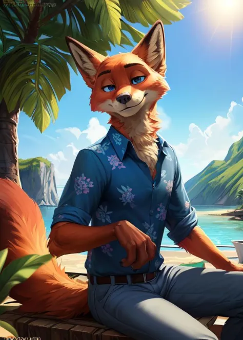 uploaded on e621, ((by Homogenousrule, by Wildering, by Foxovh, by Catcouch)),
solo ((nick wilde)) with ((neck tuft)) and (fluffy tail) and ((clear navy blue eyes)),
((half-length portrait)), ((wear blue hawaii floral shirt with grey pants)),
BREAK
((sitti...