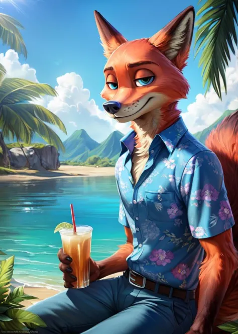uploaded on e621, (by Homogenousrule, by Wildering, by Foxovh, by Catcouch),
solo (((nick wilde), neck tuft, fluffy tail, blue eyes)),
((hree-quarter portrait)), ((wear blue hawaii floral shirt with grey blue pants)),
BREAK
((sitting at island with plant a...