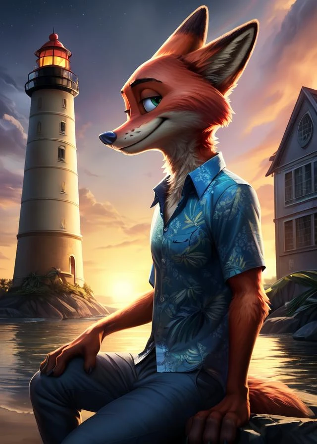 téléchargé sur e621, [(par Homogenousrule, par Wildering, par foxovh, par Catcouch)::0.85],
seulement (((Nick Wilde), portrait de trois quarts) porter une chemise à fleurs hawaïenne bleue avec un pantalon gris bleu),
(assis sur une île avec des plantes et de l&#39;eau la nuit au crépuscule, nuage, Lumière rougeoyante, bâtiment, phare),
CASSER,
(contexte détaillé, profondeur de champ, ombre à moitié du corps, lumière du soleil, lumière ambiante sur le corps),
(complexe:0.7), (détail élevé:1.3), (Moteur irréel:1.3), (netteté:1.15),
[contenu explicite, contenu douteux], (chef-d&#39;œuvre, meilleure qualité, 4K, 2k, ombragé, résolution absurde)