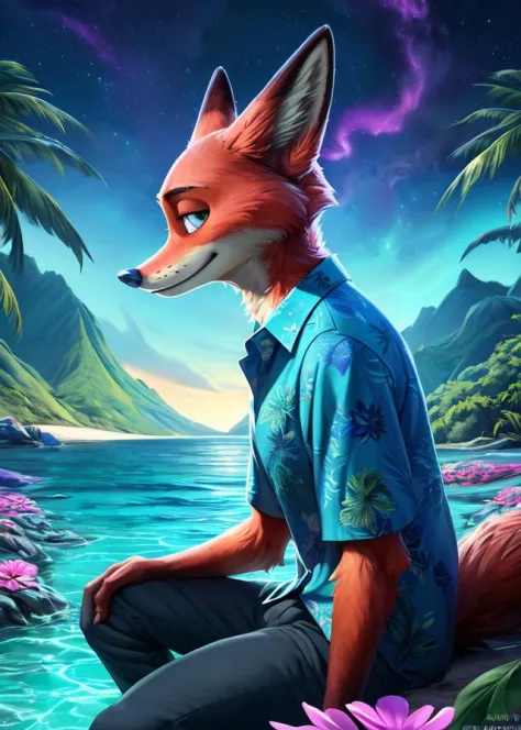 (by Homogenousrule, by Wildering, by Foxovh, by Catcouch),
solo (((nick wilde)) wear blue hawaii floral shirt with grey blue pan...