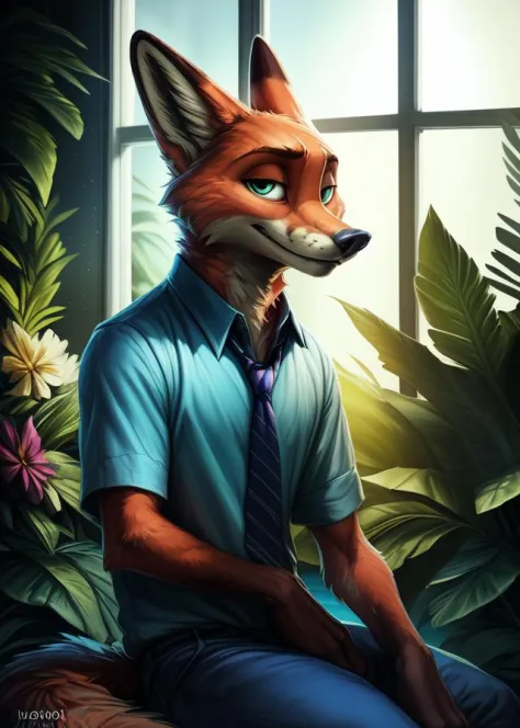 by Homogenousrule, by Wildering, by Foxovh, by Catcouch,
solo (nick wilde) blue shirt, hawaii floral shirt, blue pants, tie,
(sitting, half-length portrait, three-quarter view, looking at viewer),
(light room, white window, plant, flower, water, sunlight, glowing white light:1.25)