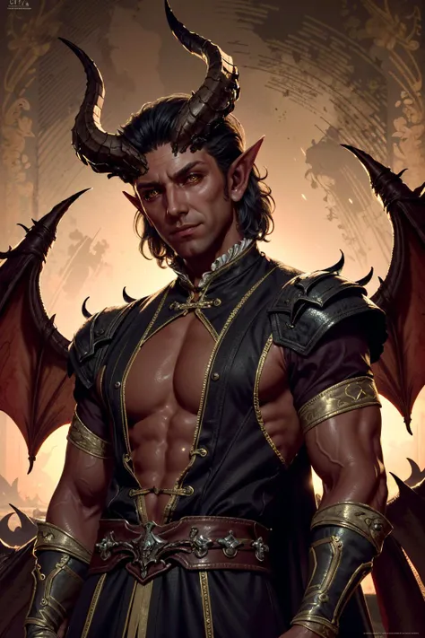 a man with horns and a horned face is standing in front of a background