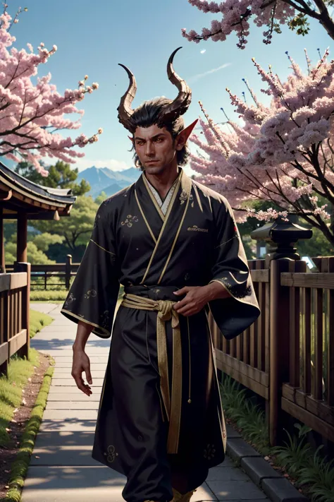 ((ultra detailed, masterpiece, absurdres))
 <lora:BGRaphaelC:0.8>
BGRaphaelC, 1boy, demon horns, pointy ears, yellow eyes, colored skin, red skin, walking in a serene Japanese park with cherry blossoms, yukata, and a hair ornament