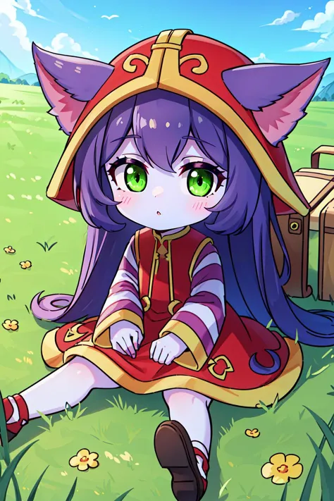 (masterpiece, best quality),  intricate details,
1girl,  <lora:lulu-lora-nochekaiser:0.8> lulu, long hair, bangs, animal ears, (green eyes:1.5), purple hair, colored skin, purple skin,, long sleeves, hat, dress, red dress, red headwear, ears through headwear, striped sleeves, yordle, 
grass, meadow, picnic,