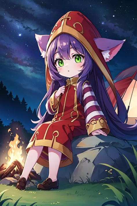 (masterpiece, best quality),  intricate details,
1girl,  <lora:lulu-lora-nochekaiser:0.8> lulu, long hair, bangs, animal ears, (green eyes:1.5), purple hair, colored skin, purple skin,, long sleeves, hat, dress, red dress, red headwear, ears through headwear, striped sleeves, yordle, 
camping, tent, sitting on stool, campfire, tent, night, starry sky, giant trees, giant rocks, cliffs, river,