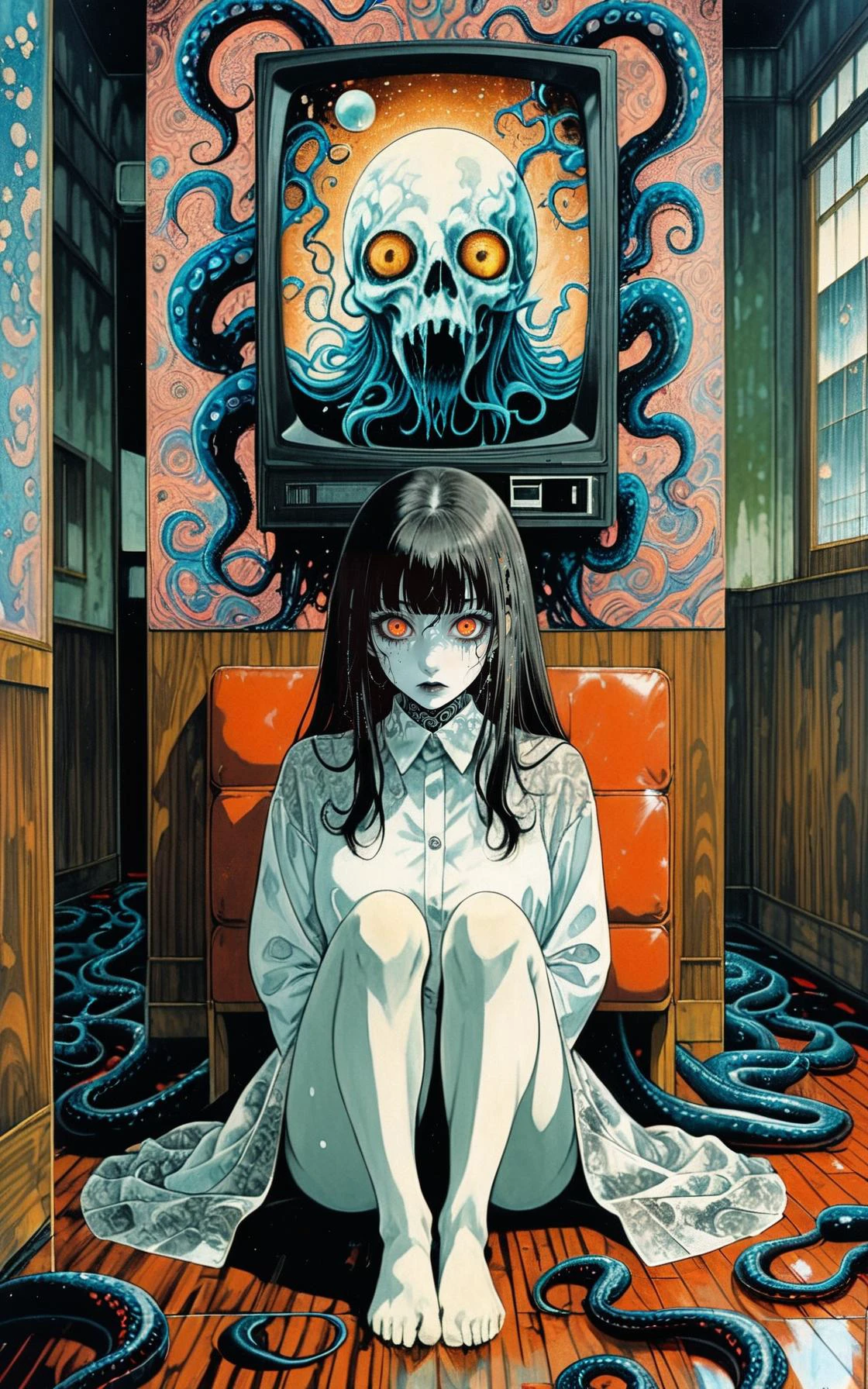 Japanese mangahorror-themed lovecraftian horror Junji_Ito,Takato_Yamamoto and Hisui Sugiura,analogue vhs distortion,The Frost of 80s style,anime 1girl_sitting(solo),Intricate and vivid depiction of Junji Ito's work in film form,intricately detailed linework,vibrant colors,from the detailed linework and vibrant colors to the subtle analogue VHS distortion,The image captures a girl in her natural habitat,surrounded by intricate details that bring the scene to life,Tentacles protruding from many holes in the floorHyperrealism,an excellent job in capturing the essence of this iconic artist's work,white_shirt,cosmic horror,mysterious,unsettling,dark art,spooky,suspenseful,grim,cucoloris patterned illumination,
Hypermaximalist,Megapixels,Super-Resolution,(Intricate Details/Insane Details/Hyper-detailed)