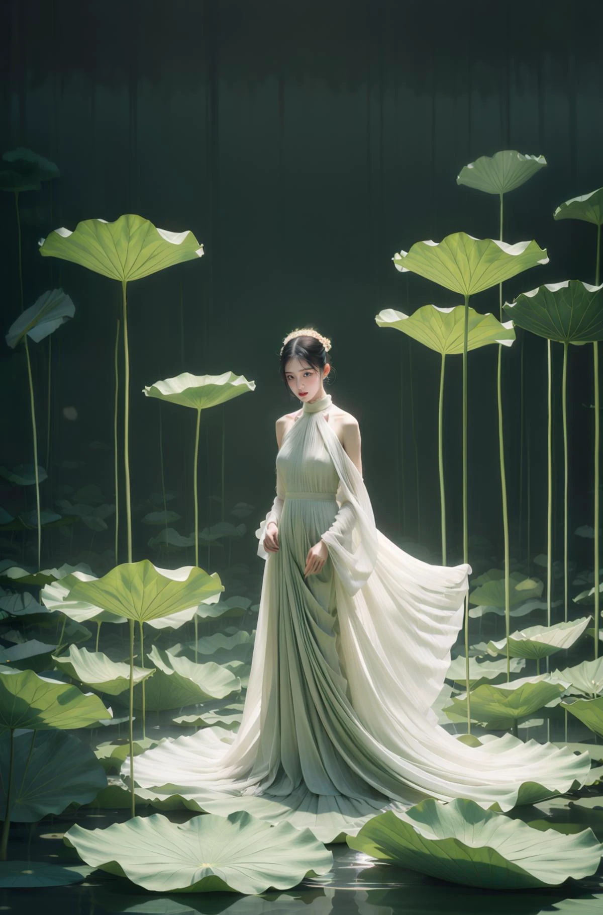beste Qualität,realistisch,Meisterwerk,sehr detailliert,HDR,UHD,8K,1 Mädchen,grünes Thema,weißes Kleid,lotus,Blume,Wasser