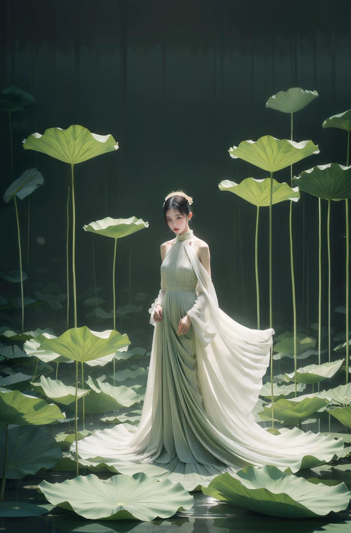 Meilleure qualité,Réaliste,chef-d&#39;œuvre,très détaillé,HDR,UHD,8k,1fille,thème vert,Robe blanche,lotus,fleur,eau