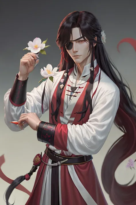 hua cheng, male focus, eyepatch, hanfu, long hair, holding flower, holding, solo, bandaged head, chromatic aberration, flower, hair down, closed mouth, bandages, rainbow, very long hair, highres, tianguan cifu, chinese clothes, long sleeves, hand up, 1boy, white flower, <lora:Hua_Chang-000017:0.8>