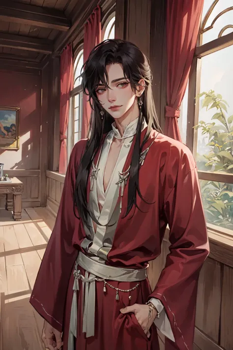 (Masterpiece:1.4), (best quality:1.2), <lora:Hua_Chang-000017:1>, hua cheng, 1boy, male focus, chinese clothes, jewelry, long hair, indoors, window, looking at viewer