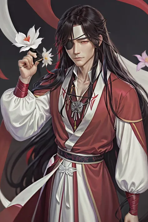 hua cheng, male focus, eyepatch, hanfu, long hair, holding flower, holding, solo, bandaged head, chromatic aberration, flower, hair down, closed mouth, bandages, rainbow, very long hair, highres, tianguan cifu, chinese clothes, long sleeves, hand up, 1boy, white flower, <lora:Hua_Chang-000017:0.8>