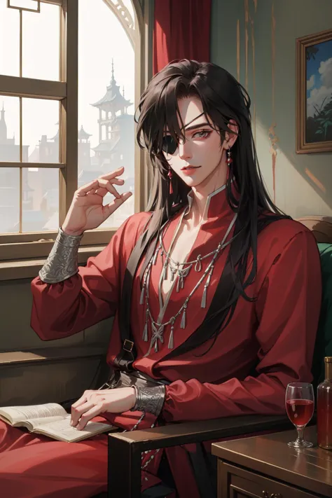 (Masterpiece:1.4), (best quality:1.2), <lora:Hua_Chang-000017:1>, hua cheng, 1boy, male focus, eyepatch, chinese clothes, jewelry, long hair, indoors, window, looking at viewer