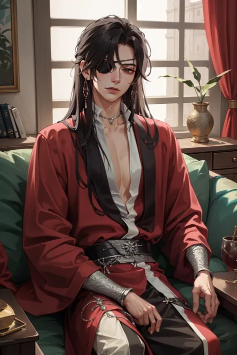 (Masterpiece:1.4), (best quality:1.2), <lora:Hua_Chang-000017:1>, hua cheng, 1boy, male focus, eyepatch, chinese clothes, jewelry, long hair, indoors, window, looking at viewer