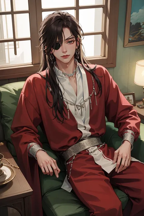 (Masterpiece:1.4), (best quality:1.2), <lora:Hua_Chang-000017:1>, hua cheng, 1boy, male focus, eyepatch, chinese clothes, jewelry, long hair, indoors, window, looking at viewer