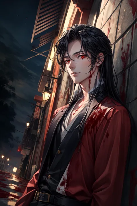 a man with long hair and blood on his face standing in front of a building