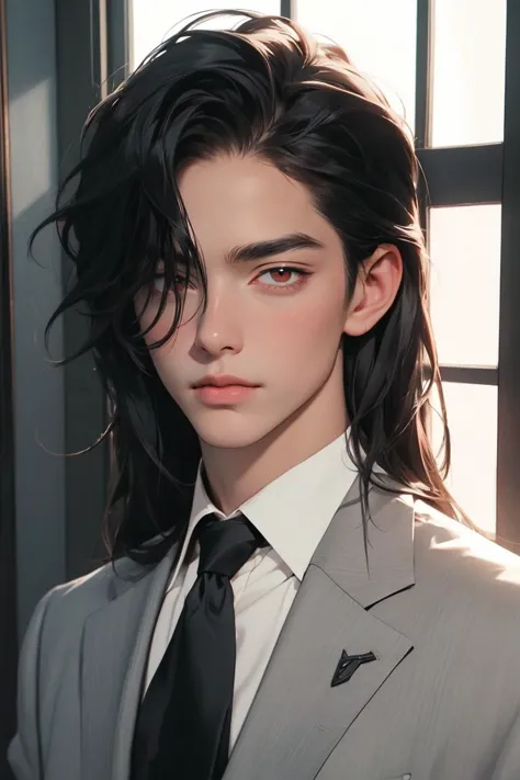 masterpiece, best quality, 1boy, male focus, hua cheng, (red eyes, long hair, black hair), (pale skin, fair skin), business suit, necktie, upper body, portrait, looking at viewer, indoors, mansion, windows, professional illustration, hires, <lora:Hua_Chang:0.6>