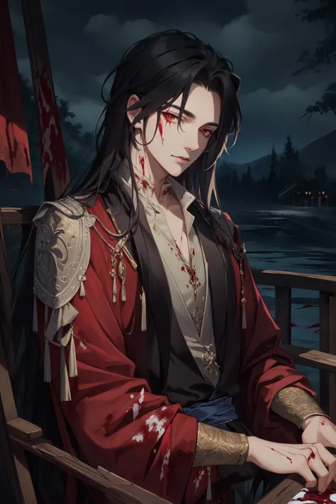 (Masterpiece:1.4), (best quality:1.2), <lora:Hua_Chang-000017:0.8>, hua cheng, 1boy, male focus, chinese clothes, jewelry, long hair, blood on clothes, blood, blood splatter, red eyes, looking at viewer, outdoors, night, upper body