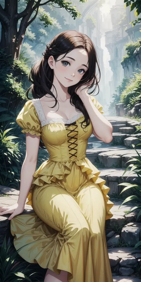 vestido de princesa, vestido amarelo medieval noblesse, crinolina, 
arte profissional de uma mulher, 
estacionar em bg, paisagem natural em bg, fundo detalhado, 
