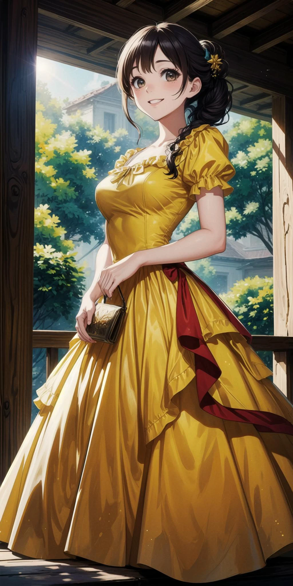 公主裙, 贵族中世纪黄色连衣裙, 克里诺林, 
女性的职业艺术, 
在 bg 上停车, 自然景观背景, 详细背景, 
