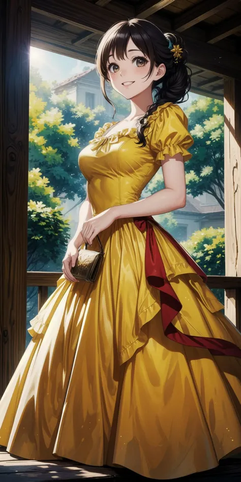 Vestido de princesa, vestido medieval nobleza amarilla, miriñaque, 
arte profesional de una mujer, 
aparcar en bg, paisaje natural en bg, antecedentes detallados, 
