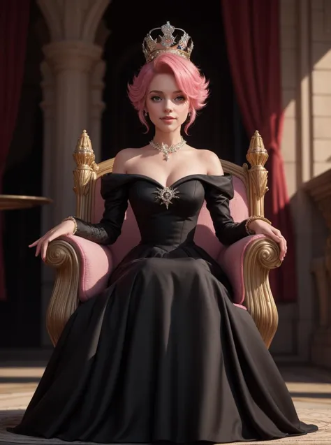 8K, obra maestra, muy detallado, alta calidad,
1 chica vestida de negro (Vestido de princesa), pelo rosa bouffant,
trono, corona, sonrisa afectada