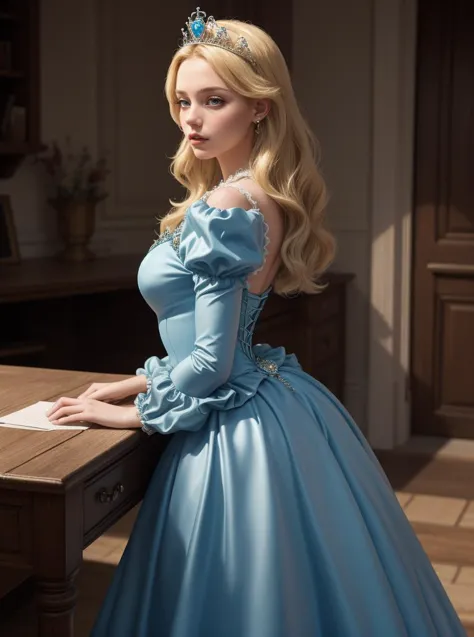 8k, chef-d&#39;œuvre, très détaillé, Haute qualité,
1 fille portant du bleu (robe de princesse), cheveux blond, cheveux longs,
du côté, tiare, sont finis, Manches bouffantes