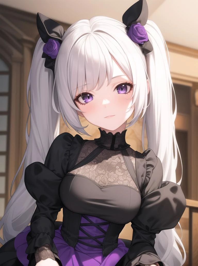 8k, masterpiece, highly detailed, high quality,
1girl wearing a black and purple (princess dress), twintails, gothic, upper body, head tilt, brilliant eyes, white hair, rose