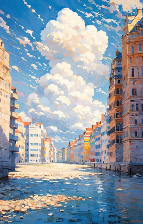 city, european architecture, outdoor, sunny day, road, white clouds, distant view, depth of field<lora:Oil painting stick_202307...